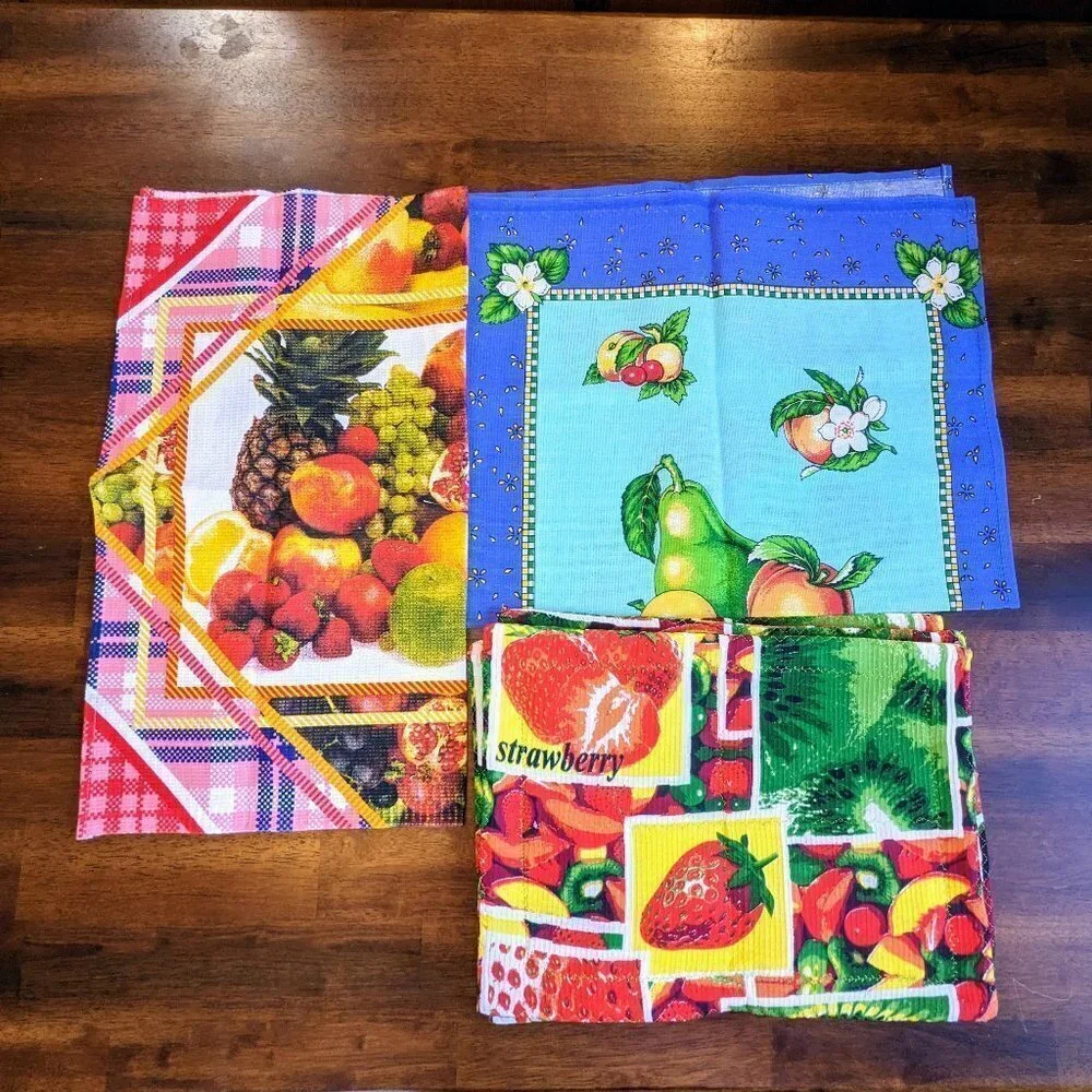 Fruit Theme Kitchen Tea Towel & Pot Holders Set (5pc) 1960s